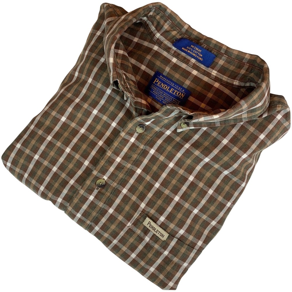 Pendleton Mens Brown Plaid Cotton Button Down Shirt Long Sleeve Size L RN29685